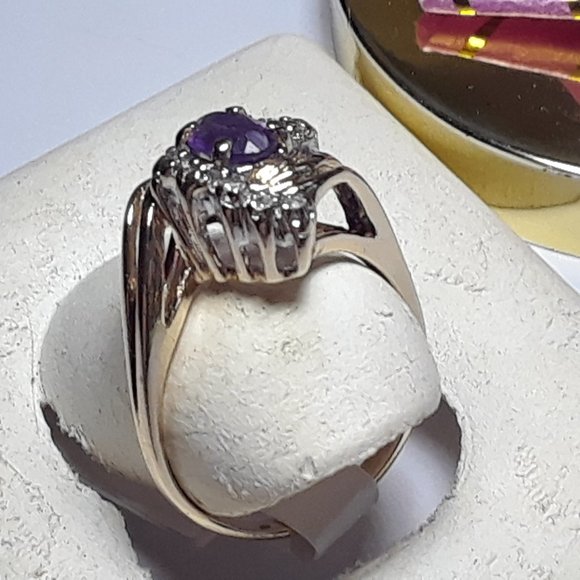 Estate .48ctw Natural Oval Amethyst & Diamond Offset 14Kt Yellow Gold Ring#17349 - Picture 3 of 5